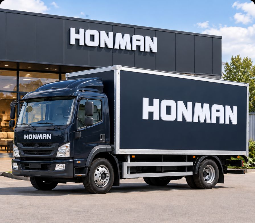 Фура с логотипом HONMAN у ворот склада фабрики
